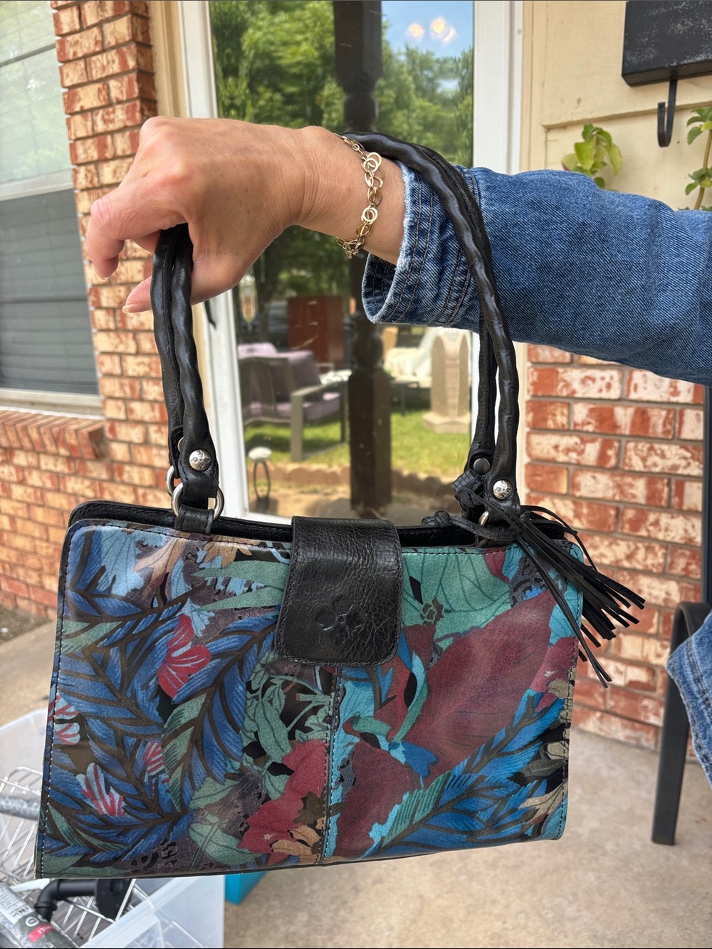 Patricia Nash Floral Shoulder Bag with Black Trim and Teal & Burgundy Accents